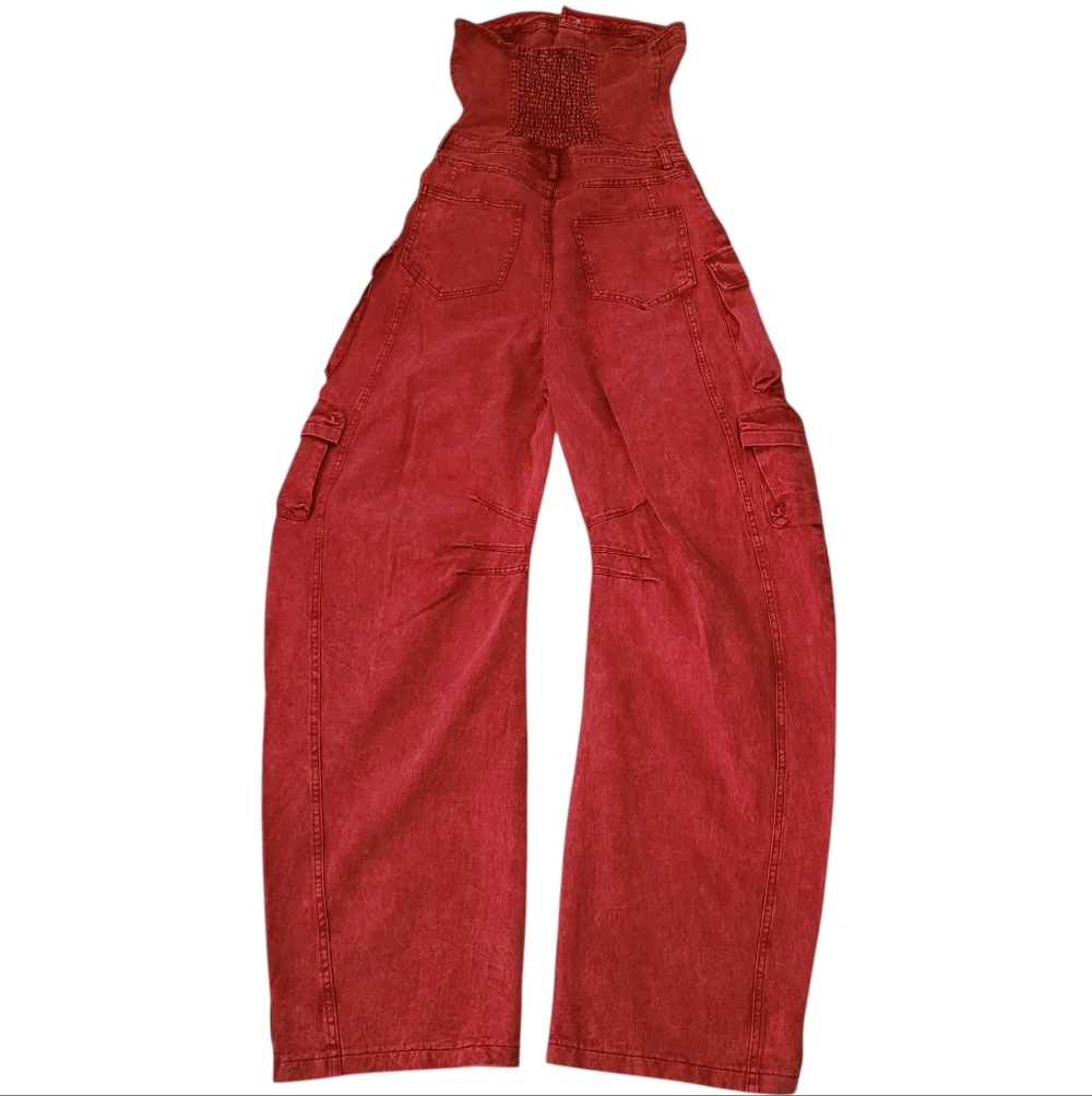 Strapless Washed Red Cargo Jumpsuit Utility Pocket Y2K Streetwear Festival - Picture 10 of 15